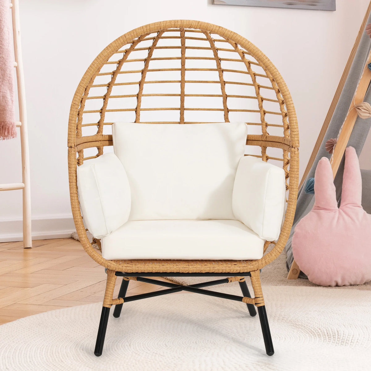 Skandiquip Oversized Rattan Adult Egg Chair, 360 Swivel, Outdoor Patio Chair with overstuffed Cushions, Indoor Large Wicker Egg Chair, Natural Rattan, Beige Cushion