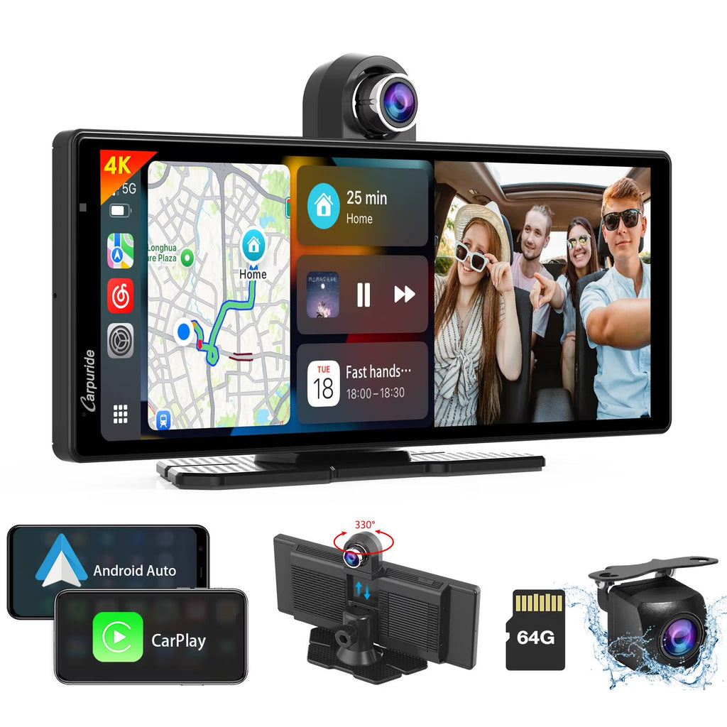 Carpuride Wireless Carplay Android Auto with 4K Front Dash Cam  1080P Rear Cam,10.26" HD IPS Touch