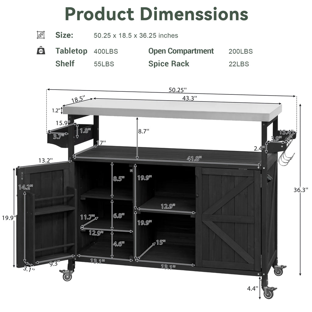 Outdoor Kitchen Island, Rolling Bar Cart & Storage Cabinet, Farmhouse Solid Wood Outdoor Grill Table with Stainless Steel Top, Spice Rack , Towel Rack for Kitchen & BBQ , Natural