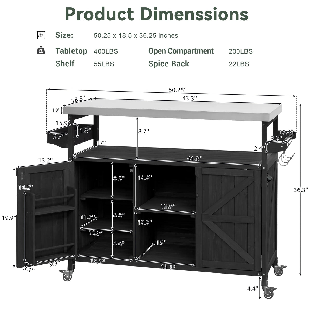 Outdoor Kitchen Island, Rolling Bar Cart & Storage Cabinet, Farmhouse Solid Wood Outdoor Grill Table with Stainless Steel Top, Spice Rack , Towel Rack for Kitchen & BBQ , Natural