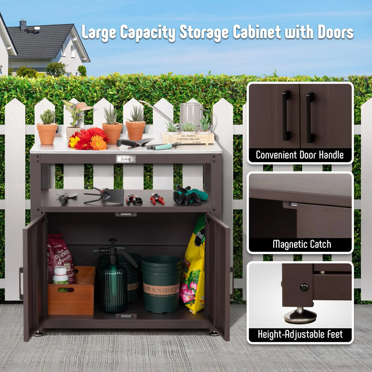 Garden Potting Bench with Storage Cabinet, Outdoor Gardening Table and Plant Workbench, Gardening, with Stainless Steel Tabletop