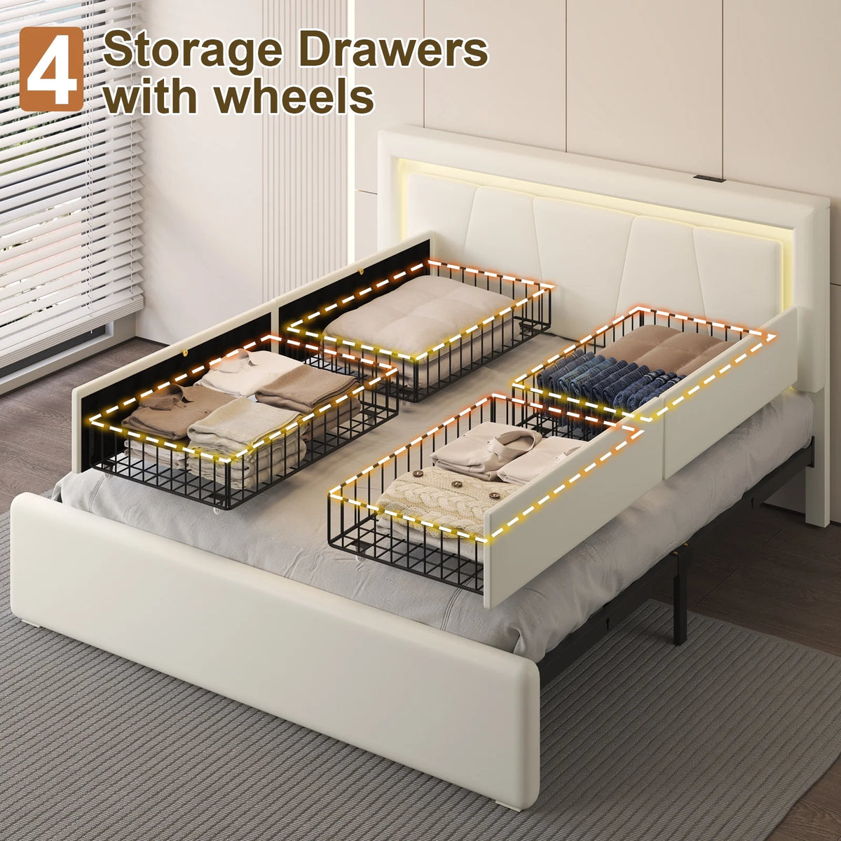 Full Size Upholstered LED Bed Frame with 4 Storage Drawers, Faux Leather Platform Bed with Adjustable Headboard, White