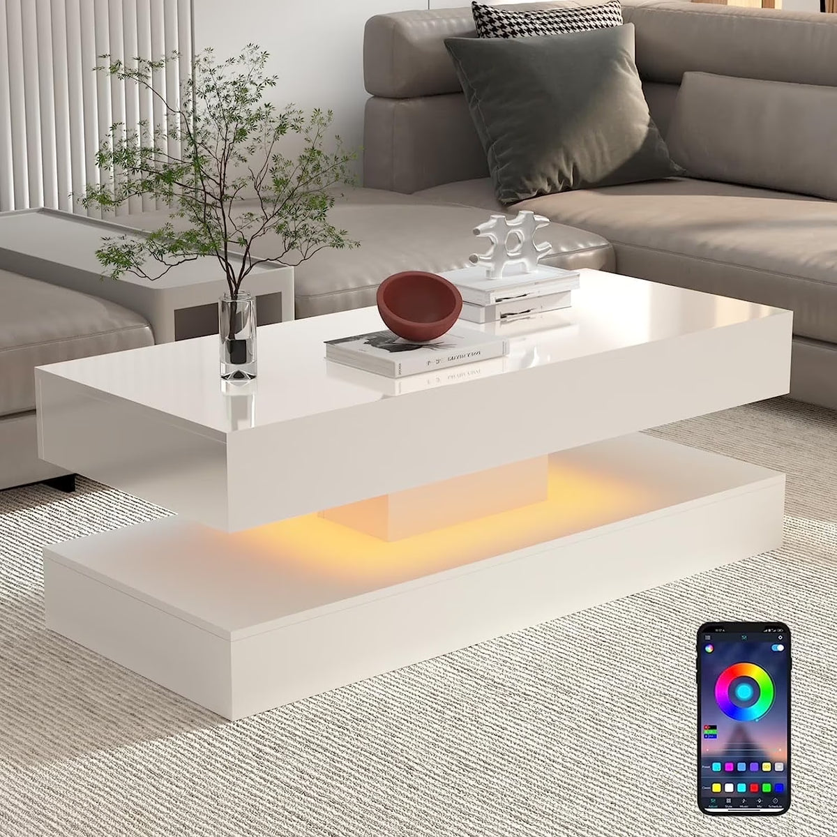ChVans Large Black LED Coffee Table with 2 Storage Drawers, Modern High Gloss Coffee Table w/20 Colors LED Lights/APP Control, 2 Tiers Rectangle Large Living Room Furniture w/Marbling Print(47.3")