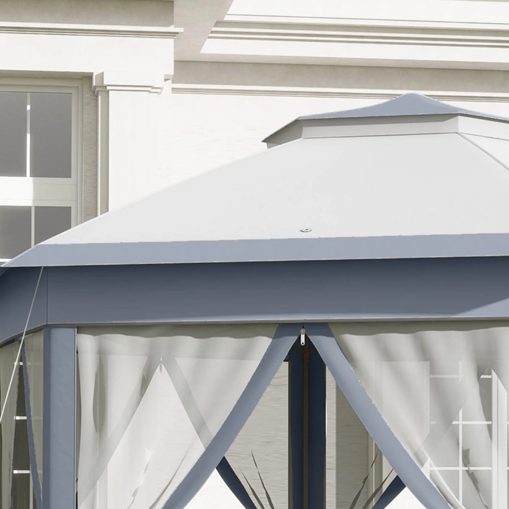Outsunny 13' x 13' Pop Up Gazebo Hexagonal Canopy with 6 Zippered Mesh Netting, 2-Tier Roof Event Tent with Steel Frame for Patio Backyard, Gray