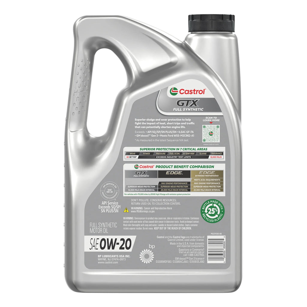 Castrol GTX Full Synthetic 0W-20 Motor Oil, 5 Quarts, Case of 3