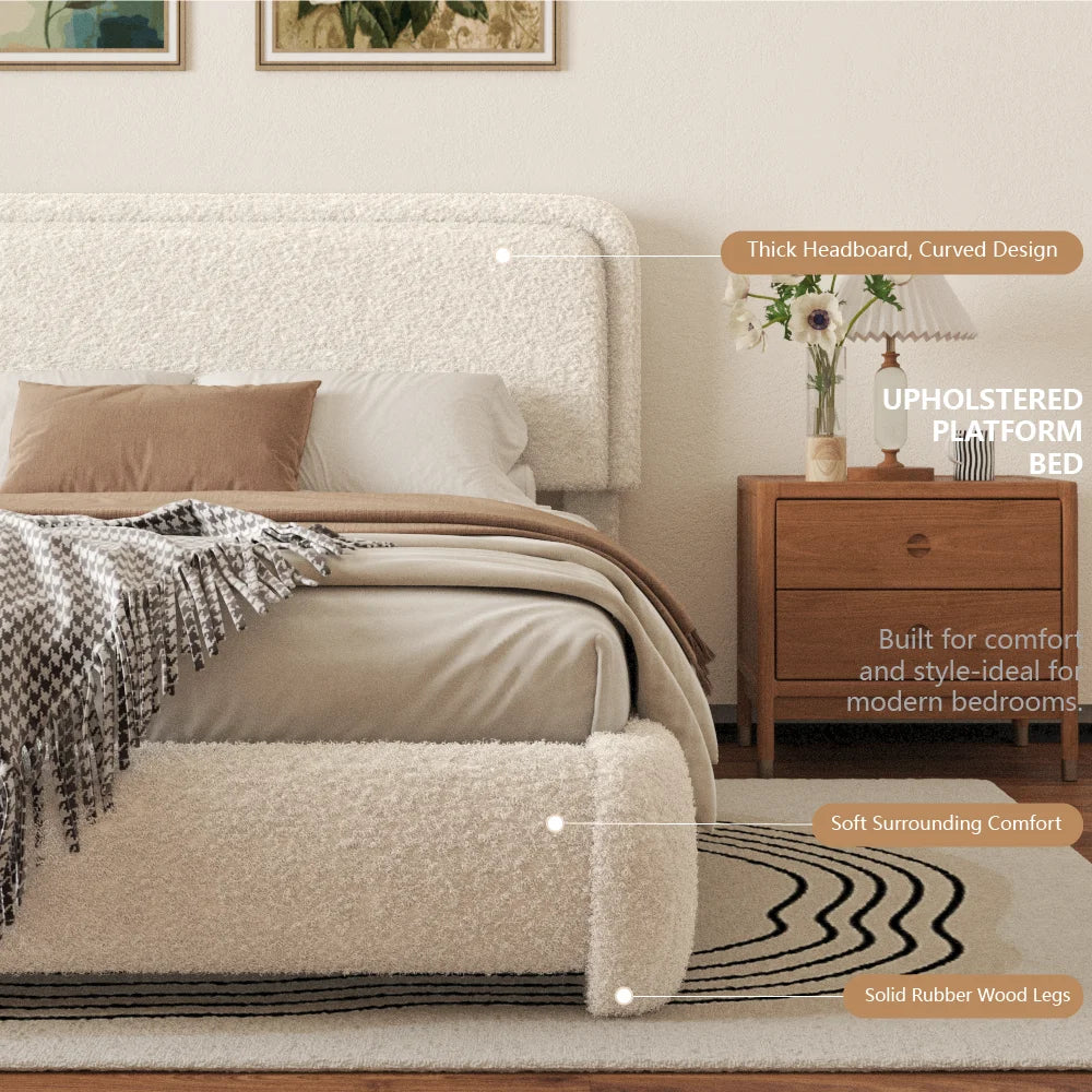 VIPLOV King Size Boucle Bed Frame, Cloud Upholstered Platform Bed with Height Adjustable Headboard & Soft Rounded Corners, No Noise Free, Easy Assembly,Beige