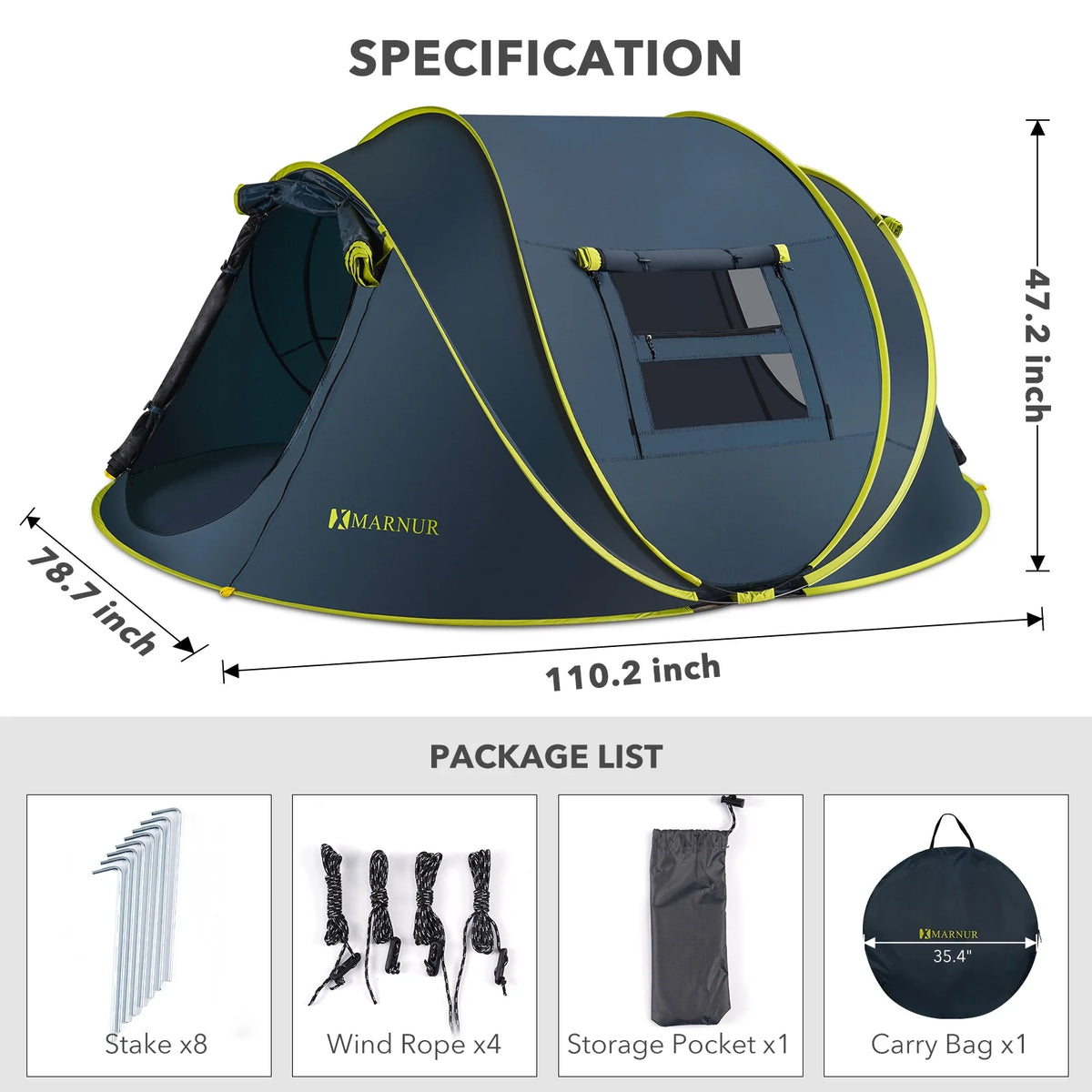 MARNUR Instant Tent 4-Person Camp Tent, Auto Setup Pop Up Tent, Pordable, Huge Door & Windows, Dark Blue