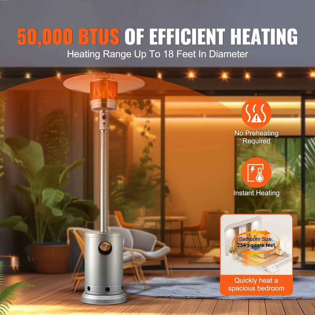 KFFKFF Outdoor Patio Heater, 50000BTU Propane Powered, Elegant Hammered Finish with Circular Table Feature, Durable Metal Burner & Portable Wheels, Ideal for Garden, Patio, Party, Backyard