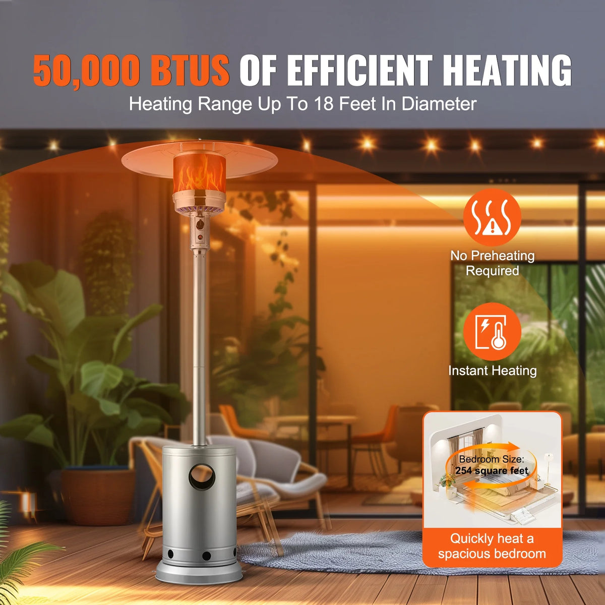 KFFKFF Outdoor Patio Heater, 50000BTU Propane Powered, Elegant Hammered Finish with Circular Table Feature, Durable Metal Burner & Portable Wheels, Ideal for Garden, Patio, Party, Backyard