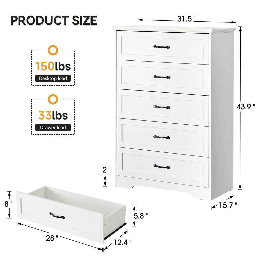Luku Modern 5 Drawers Dresser, Chest of Drawers Closet Organizers and Storage Clothes, White