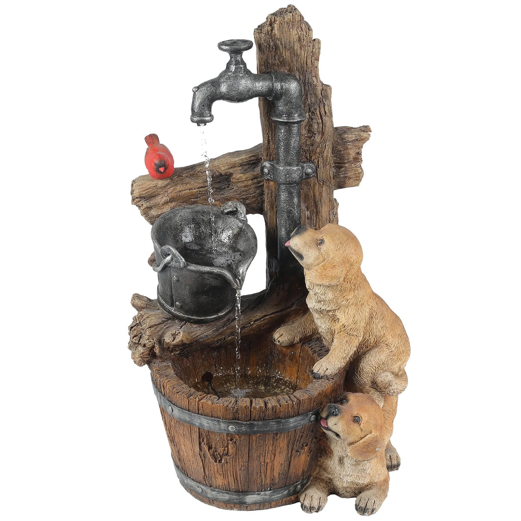 LuxenHome 25" Garden Water Fountain, Whimsical Puppy Dog Resin Water Fountain Outdoor with LED Lights