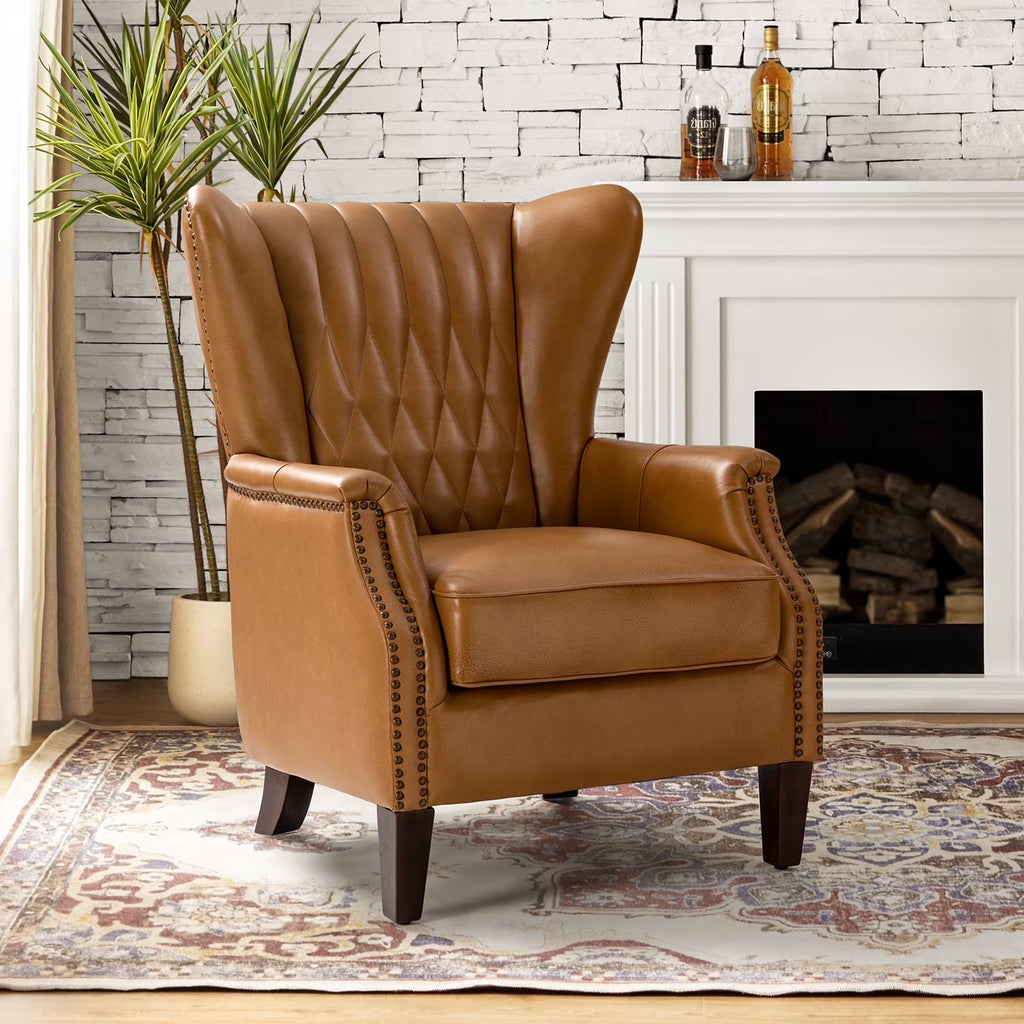 Traditional Genuine Leather Accent Chair with Nailhead Trim Tufted Armchair for Living Room Camel