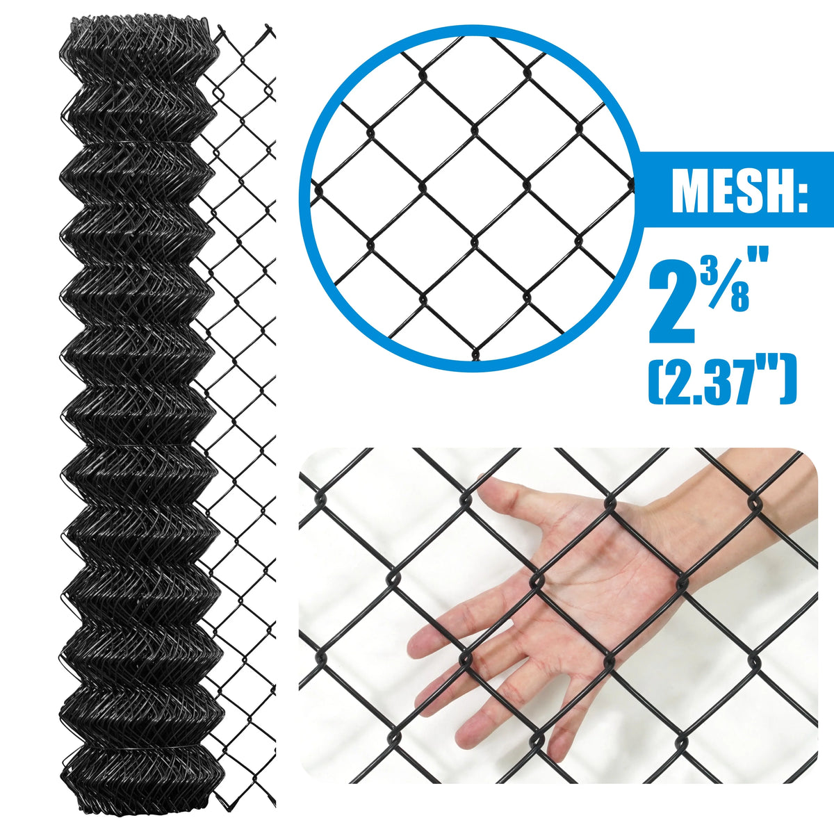 Fencer Wire 9 Gauge Black Vinyl Coated Galvanized Steel Chain Link Fence Fabric, Diamond Mesh Size 2-3/8 Inch, Galvanized&nbsp;Fencing Wire Roll for Garden and Animals Enclosure (6ft. x 50ft.)