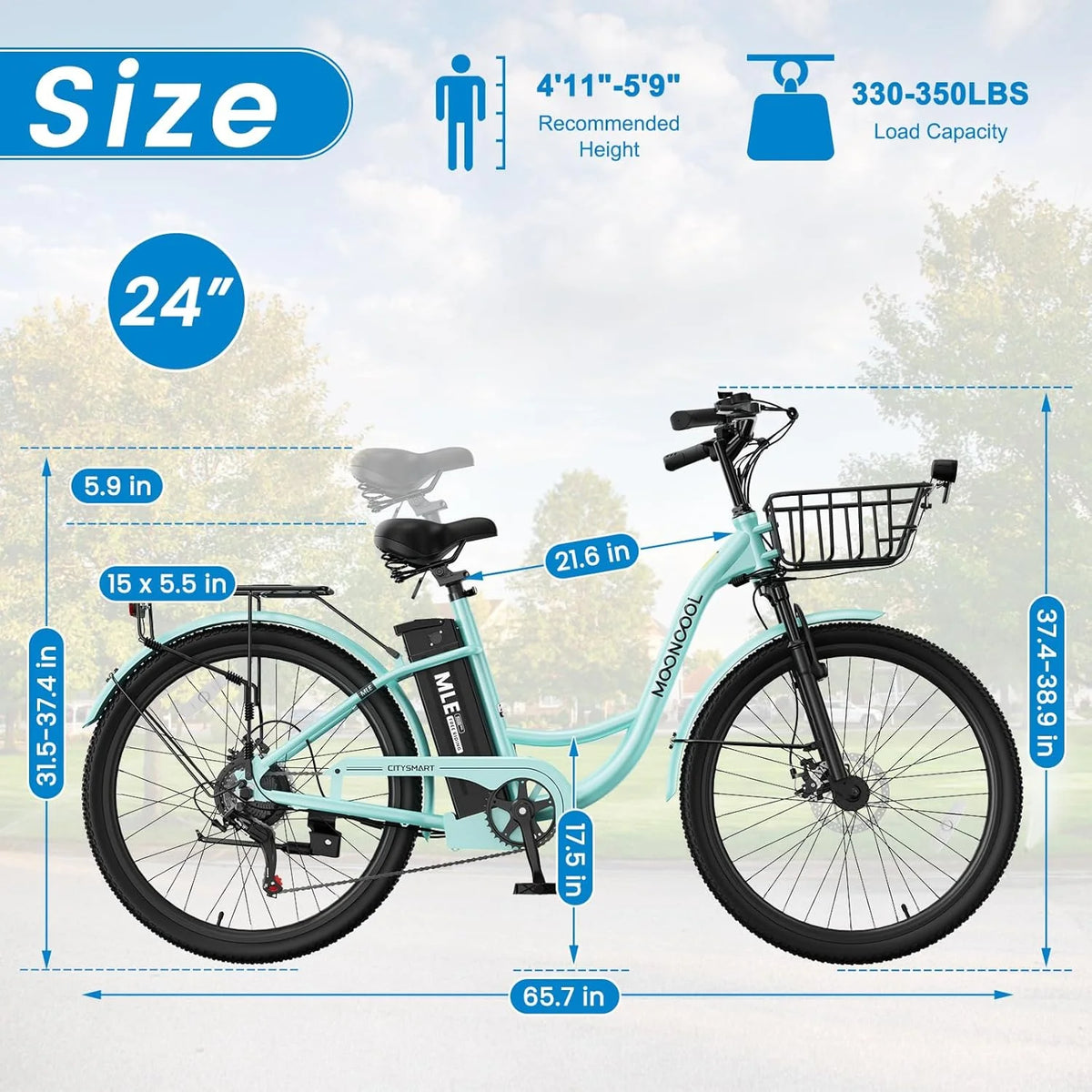MOONCOOL Electric Bicycle for Adults 350W , 7-Speed Ebike with 36V 10.4Ah Removable Battery 40 Miles Range , 20 mph Electric Commuter Bike for Women Men, Certified to UL 2849 by SGS