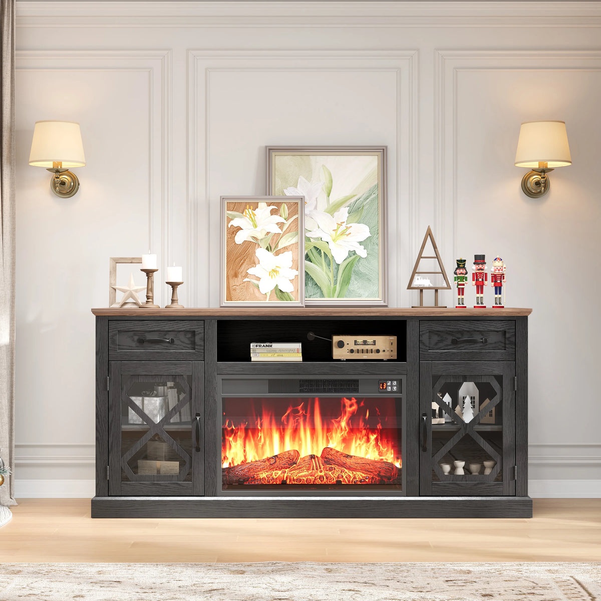 PAPROOS Fireplace TV Stand for 65 Inch TV, Modern Farmhouse TV Cabinet with 23'' Electric Fireplace, Entertainment Center Television Console Table for Living Room, Black+Brown
