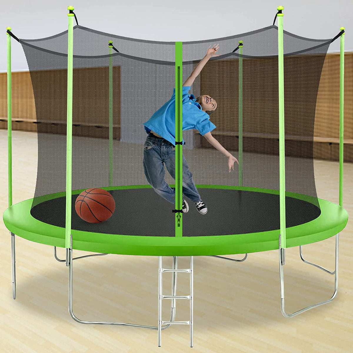 FDW 8 ft New Outdoor Round Trampoline with Safety Net and Spring Pad for Kids and Adults(Blue)