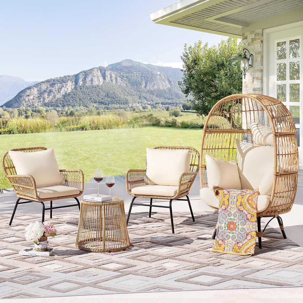 RADIATA 6-Piece Boho Patio Furniture Set, Outdoor Wicker Sectional Sofa Conversation Set with Ice Bucket & Coffee Table, 500lbs Capacity, Beige