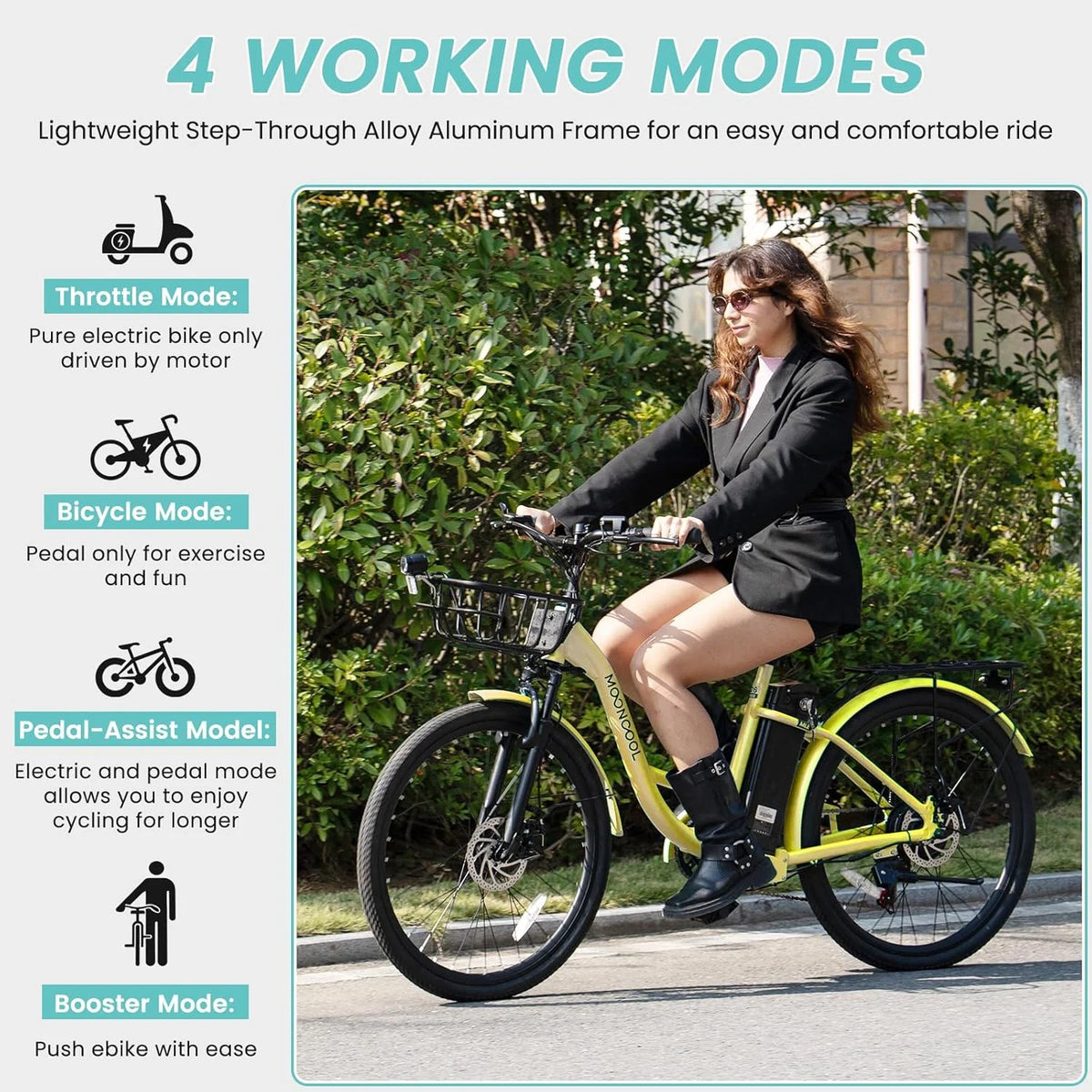 MOONCOOL Electric Bicycle for Adults 350W , 7-Speed Ebike with 36V 10.4Ah Removable Battery 40 Miles Range , 20 mph Electric Commuter Bike for Women Men, Certified to UL 2849 by SGS
