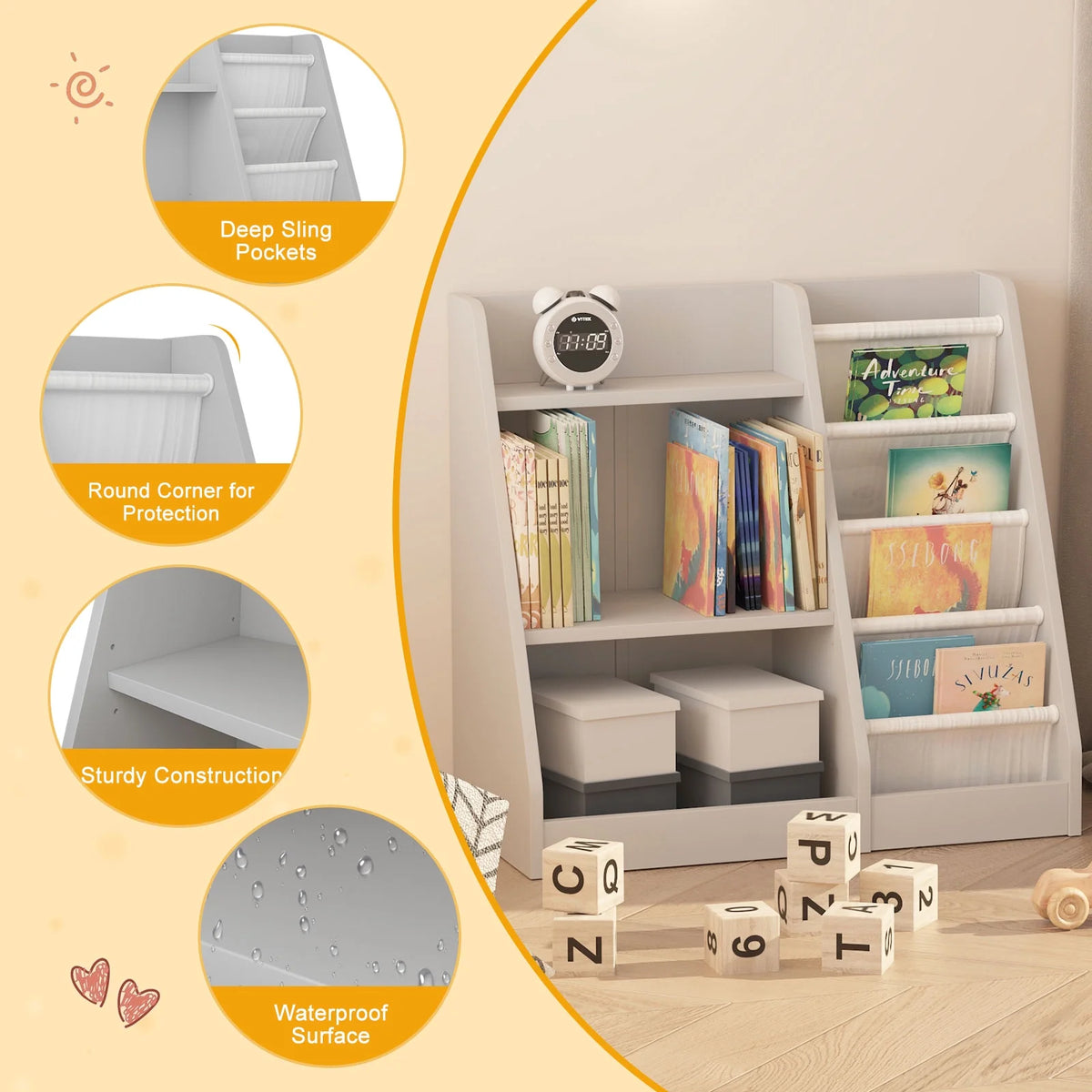 Hironpal Small 3 Tier Kids Bookshelf with 4 Layer Sling Adjustable Book Display Shelf for Nursery Playroom Kids Baby Bedroom