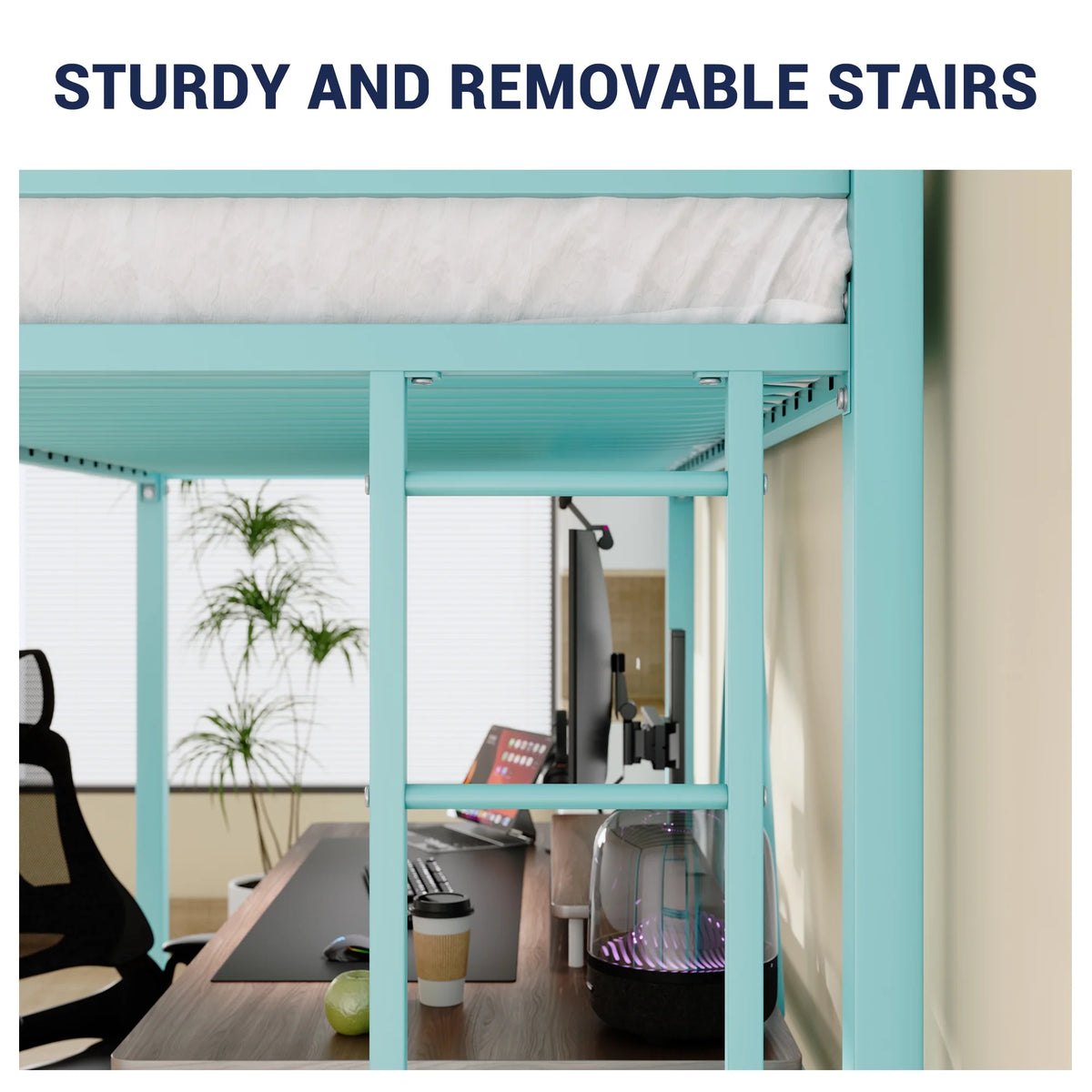 Sifurni Black Heavy Duty Twin Size Metal Loft Bed with Full-Length Guardrail & Removable Stairs