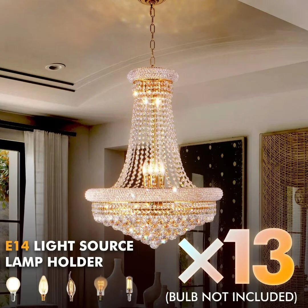 FINE MAKER 13 light empire luxury crystal chandelier, 6 layer crystal living room large chandelier