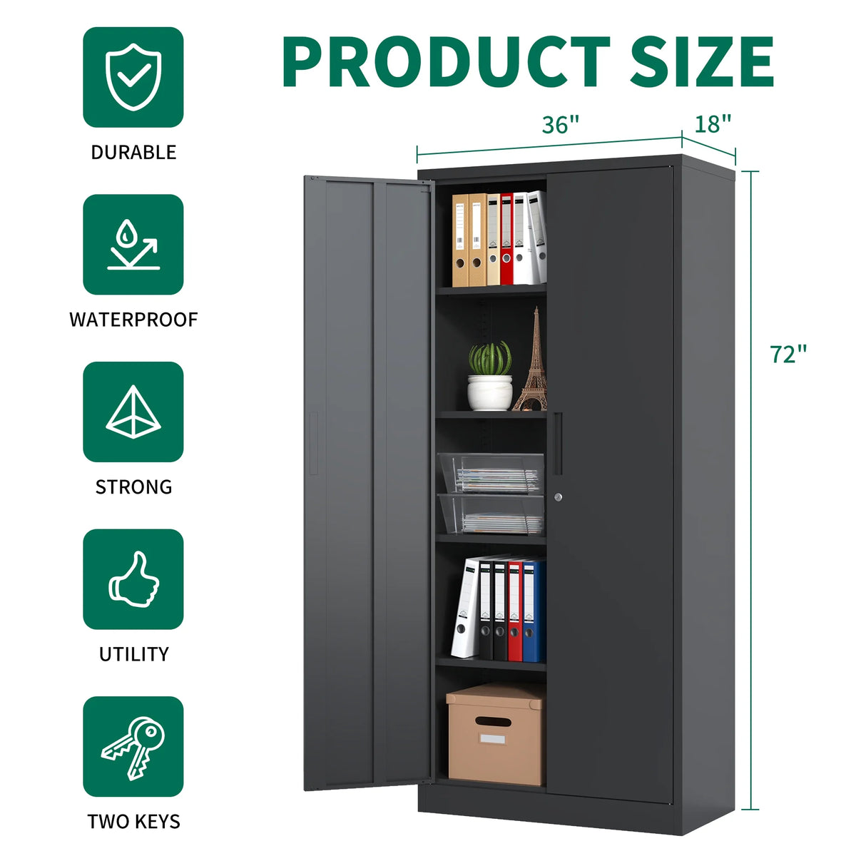 Garage Storage Cabinet with Doors and 4 Adjustable Shelves, Alvantor 72" Tall Metal Garage Cabinet , Lockable Tool Storage Cabinets for Garage, Home, Office Black