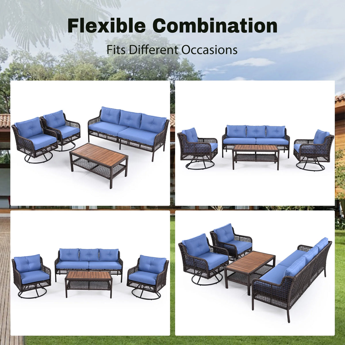 8 Pieces Outdoor Wicker Round Furniture Set, All Weather Half-Moon Sectional Patio Sofa Sets with Rectangular Coffee Table, Beige