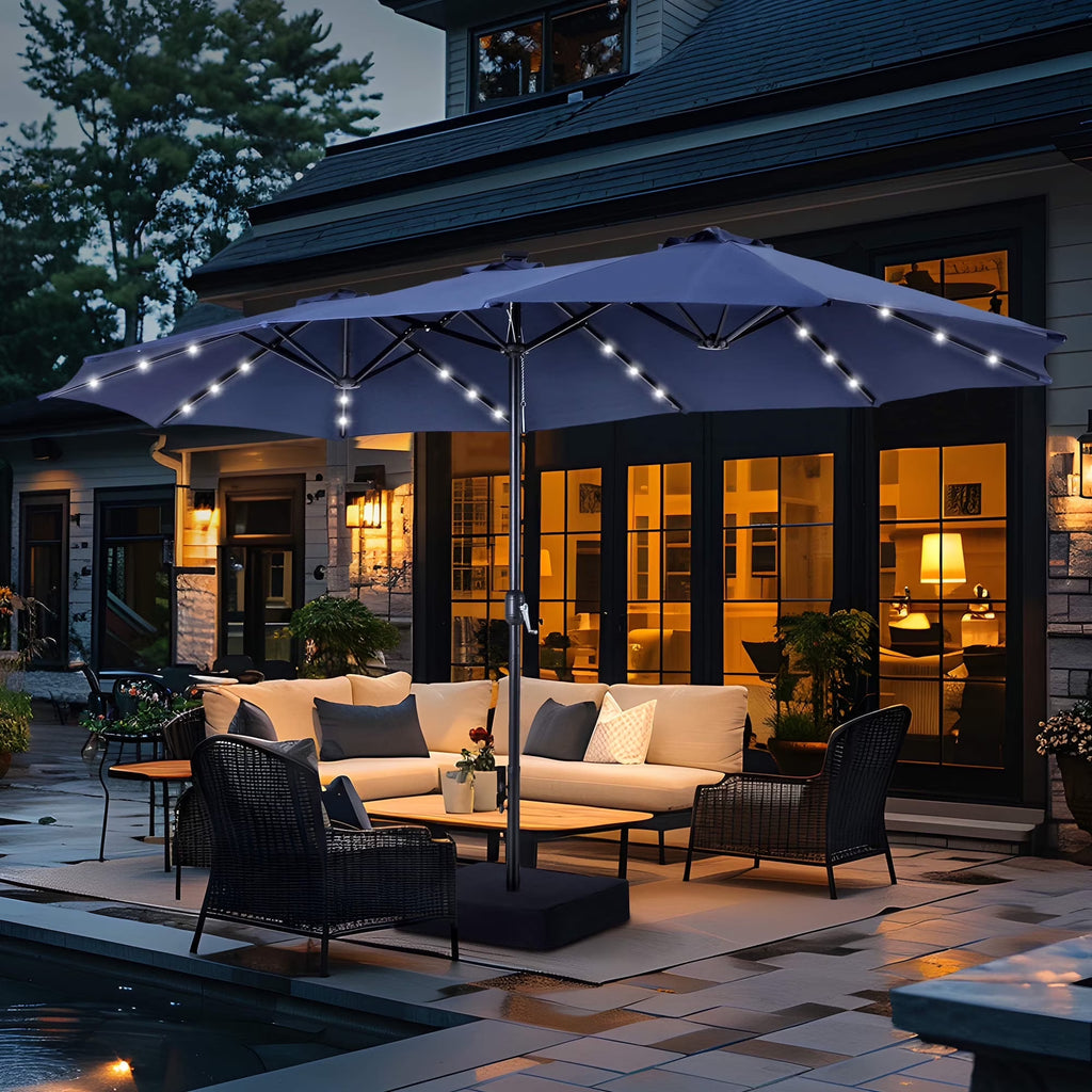 Summit Living 15 FT Double-Sided Solar Patio Umbrella with Base Large Outdoor Umbrella with LED Solar Lights - Haze Blue