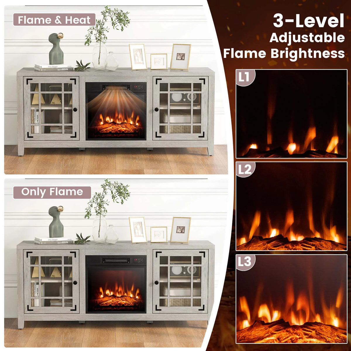 Costway 58 Inches Fireplace TV Stand for TVs up to 65 Inches with 1400W Electric Fireplace Natural