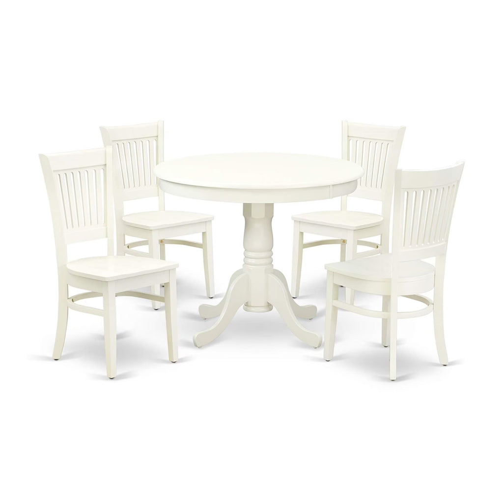ANVA5-LWH-W 5-Piece Dining Room Set, Round Table with Pedestal & 4 Solid Wood Seat Chairs, 36x36 Inch, Linen White