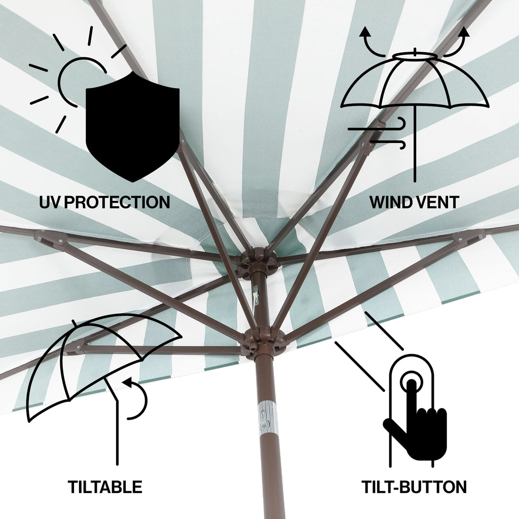 JONATHAN Y Beverly 9 ft. Half Market Patio Umbrella, Designer Classic Scalloped Fringe with Crank, Tilt Button and UV Protection, Blue/White/Cream, Dark Brown Pole