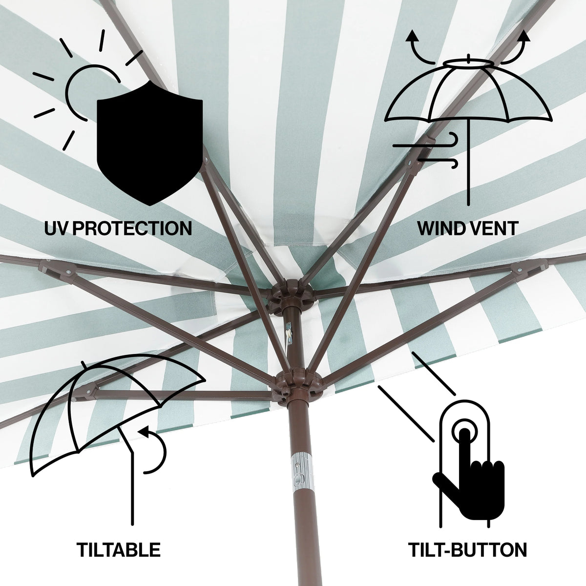 JONATHAN Y Beverly 9 ft. Half Market Patio Umbrella, Designer Classic Scalloped Fringe with Crank, Tilt Button and UV Protection, Blue/White/Cream, Dark Brown Pole