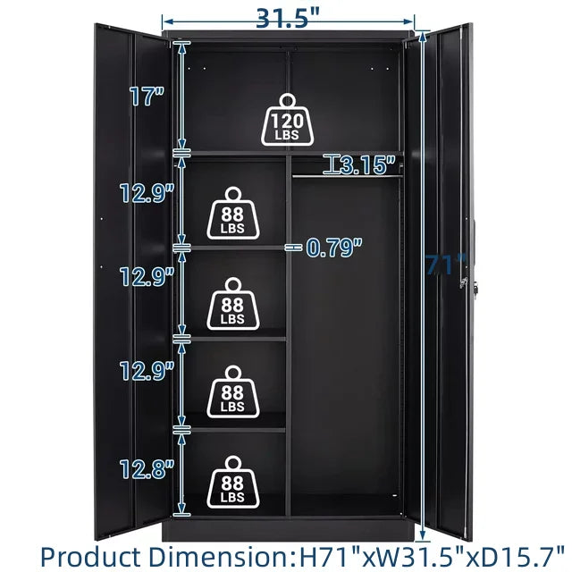 STANI Metal Locker Storage Cabinet, Employees Locker with Hanging Rod Bar, 71 Black Tall Steel Wardrobe for Home, School, Office (Assembly Required)