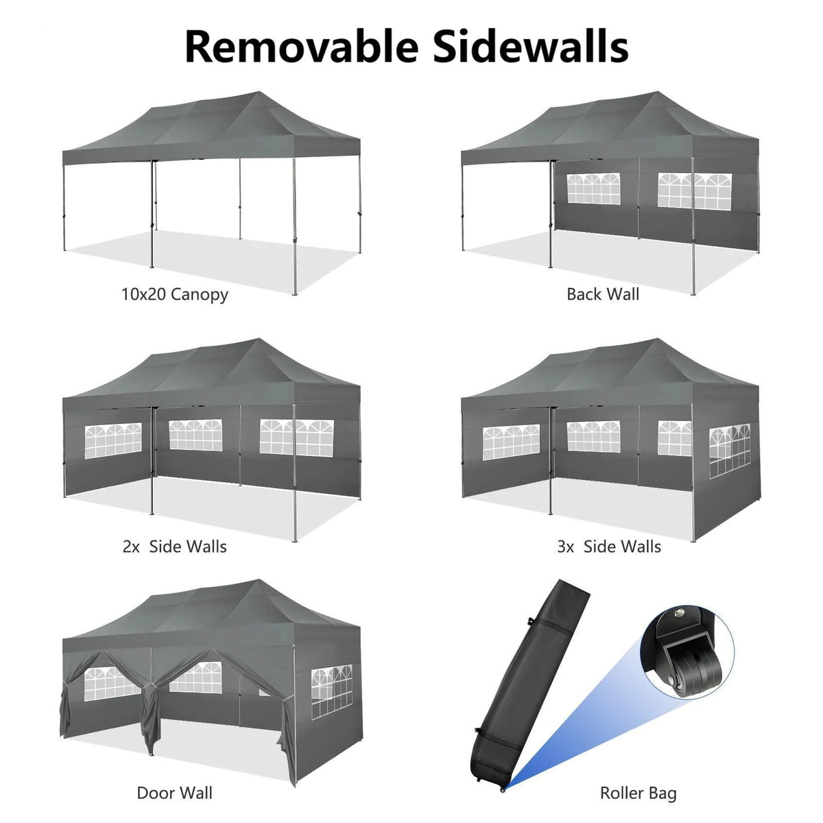COBIZI 10x20 Heavy Duty Pop up Canopy Tent with 6 sidewalls Easy Up Commercial Outdoor Canopy Wedding Party Tent for Beach All Season Wind & Waterproof Gazebo with Roller Bag,Black(Frame Thickened)