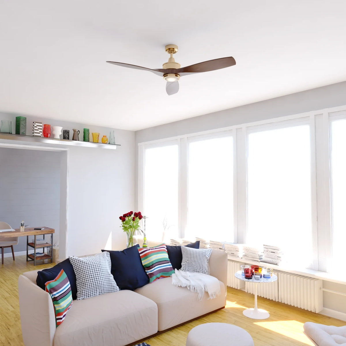 Vaxcel Curtiss Satin Brass Mid-Century Modern MCM Wood Propeller Ceiling Fan with LED Light Kit and Remote