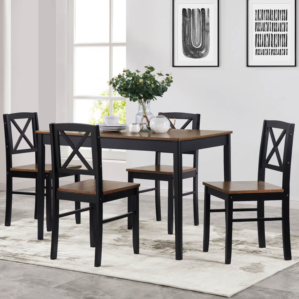Seizeen Solid Wood Kitchen Table and Chairs, Dining Room Table Set for 4 with Gray Upholstered Chairs, Wood Grain Table Heavy-Duty Frame, Rustic Minimalist Style Breakfast Nook Set
