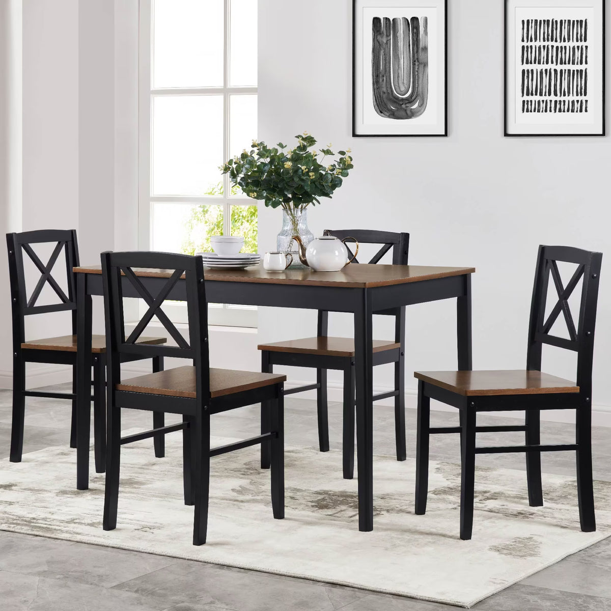 Seizeen Solid Wood Kitchen Table and Chairs, Dining Room Table Set for 4 with Gray Upholstered Chairs, Wood Grain Table Heavy-Duty Frame, Rustic Minimalist Style Breakfast Nook Set