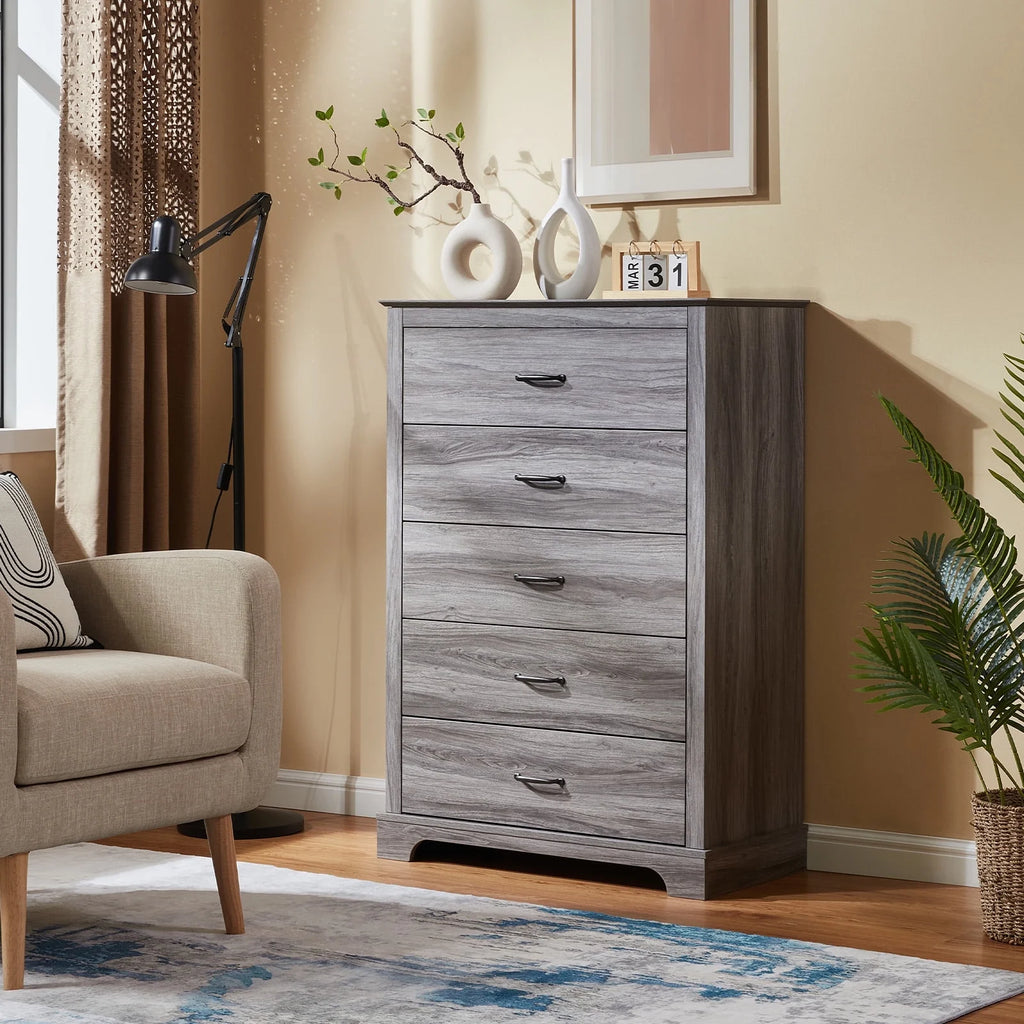 CHITOOMA 5 Drawer Dressers for Bedroom, Adult Tall Wooden Chest of Drawers, Storage Cabine for Living Room Entryway, Gray