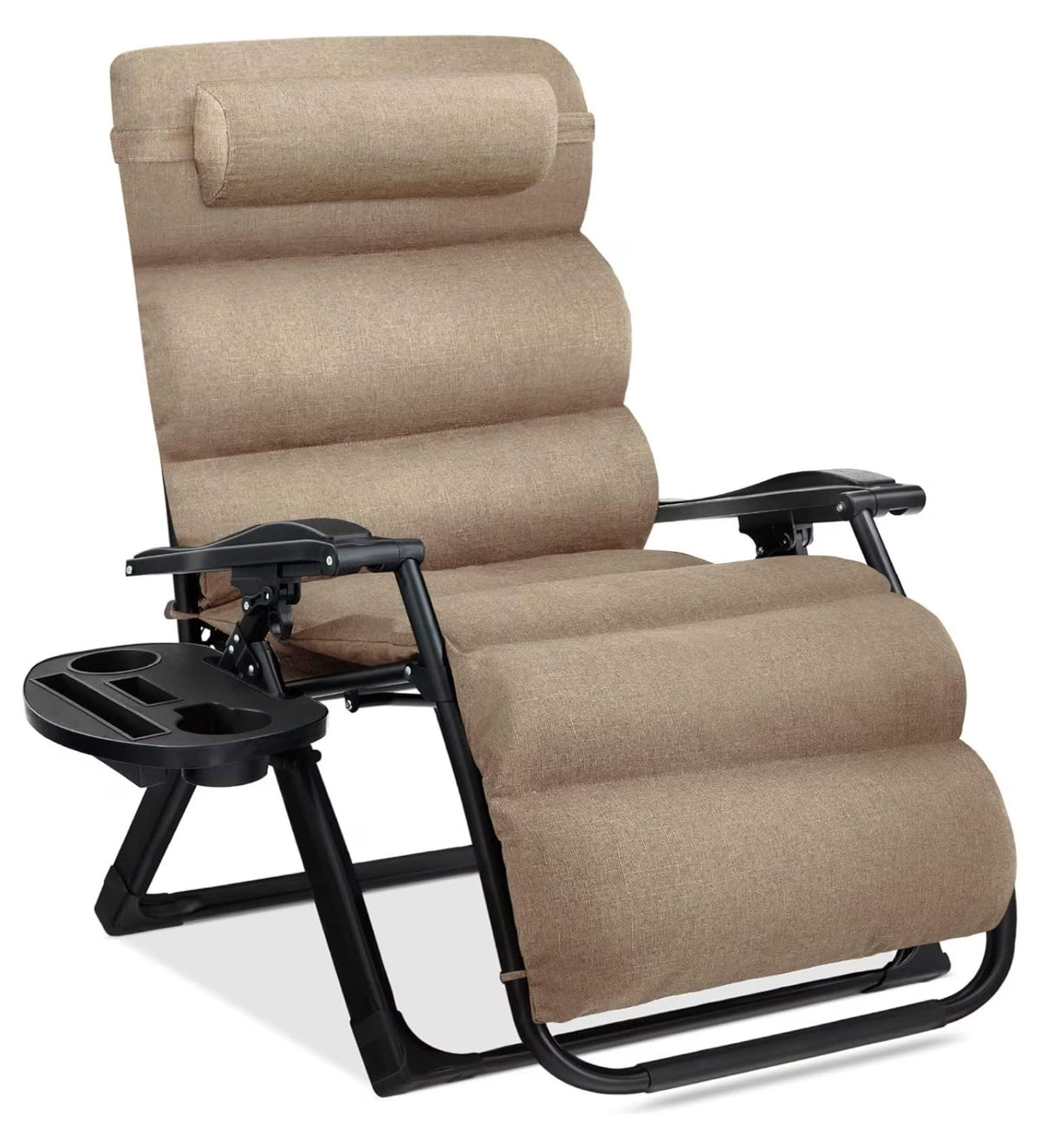 Oversized Chair, Folding Outdoor Patio Recliner, XL Anti Gravity Lounger w/Removable Cushion, Cup Holder, Side Tray, 350lb Capacity - Taupe