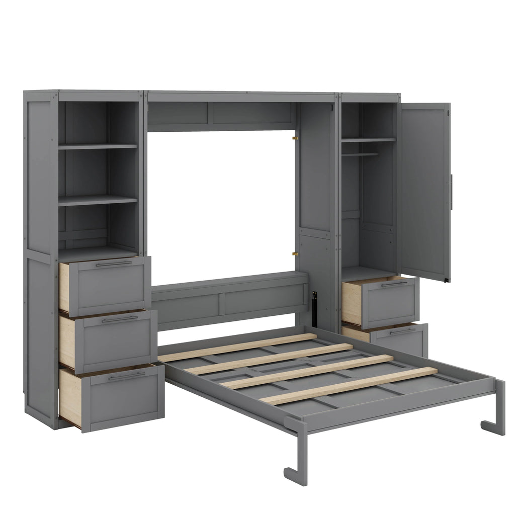 YunNianYang Queen Size Gray Murphy Bed Wall Bed with Closet ,Drawers and Shelves