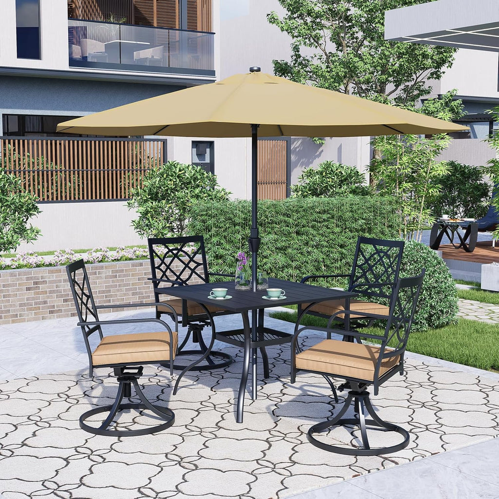 SUNCROWN 5-Piece Outdoor Wrought Iron Chairs and Table Patio Dining Furniture Set - 4 Stackable Metal Chairs, 1 Steel Slat Bistro Table and 1 Sky Blue 9Ft Patio Umbrella for Garden Backyard Deck