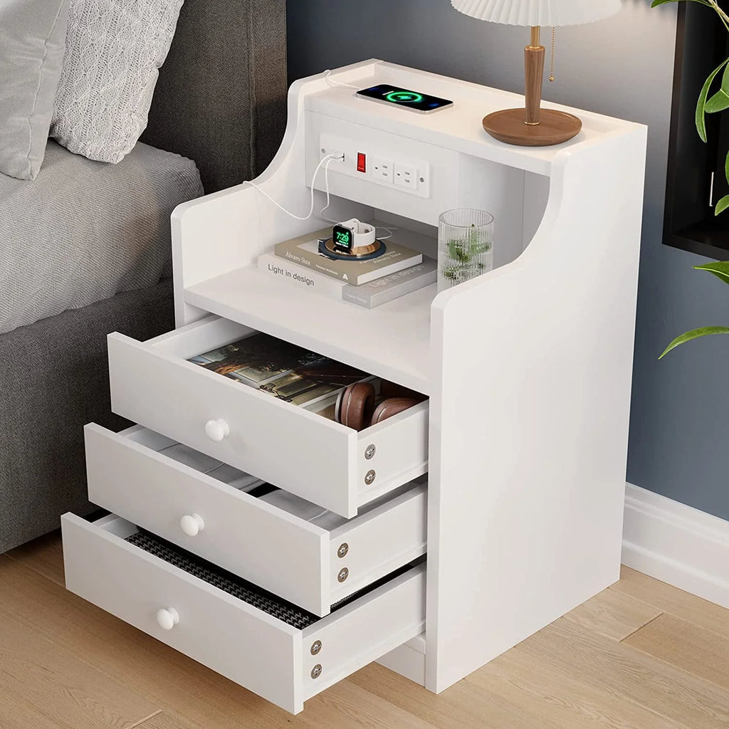 ADORNEVE Nightstand with Charging Station and 3 Storage Drawers, White