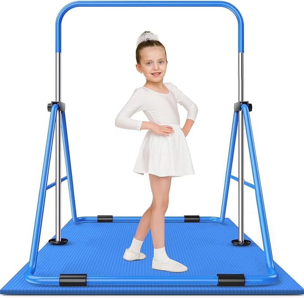 Safly Fun Gymnastics Bar with Mat for Kids, Height Adjustable Junior Training Bar Mat for Home, Folding Gymnastic Horizontal Bars Equipment (Pink+Mat)