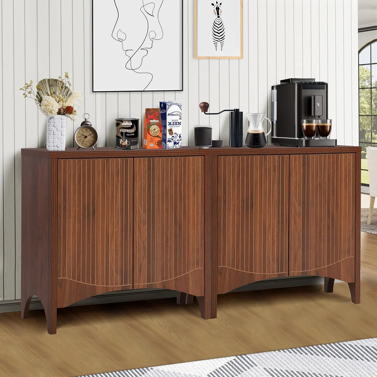 LEFHDA 2PCS Buffet Cabinet, Sideboard Cabinet with Storage, Accent Storage Cabinet with Carved Arc Door Design for Kitchen Dining Room, 2 Doors Buffet Cabinet with Adjustable Shelves