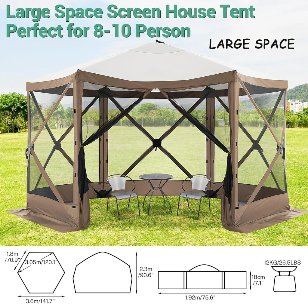 COBIZI 12x12 Pop Up Canopy Gazebo, Outdoor Canopy Tent Screen House with 5 sidewalls and Netting for Camping, Waterproof, UV Resistant, Ez Set-up Party Tent with Carrying Bag and Ground Stakes,Brown