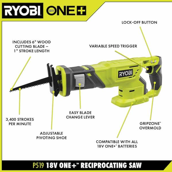 ONE+ 18V Cordless Reciprocating Saw with 2.0 Ah Battery and Charger