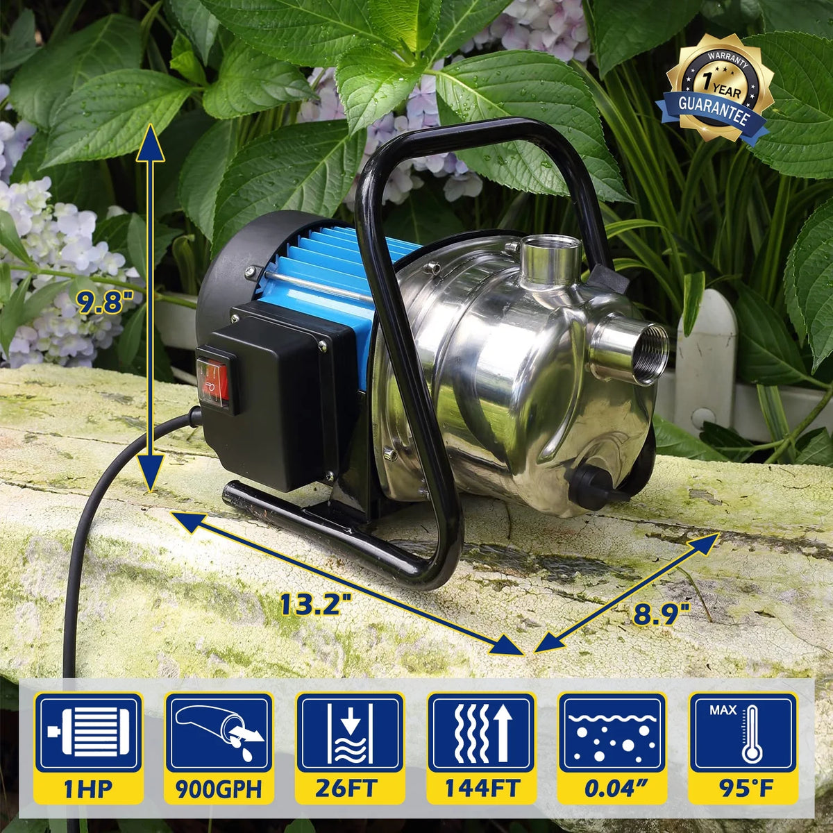FLUENTPOWER 1HP Portable Stainless Steel Sprinkler Booster Pump, Electric Shallow Well Pressure Pump for Home Garden Lawn Irrigation and Water Transfer, with 1" NPT Female Thread
