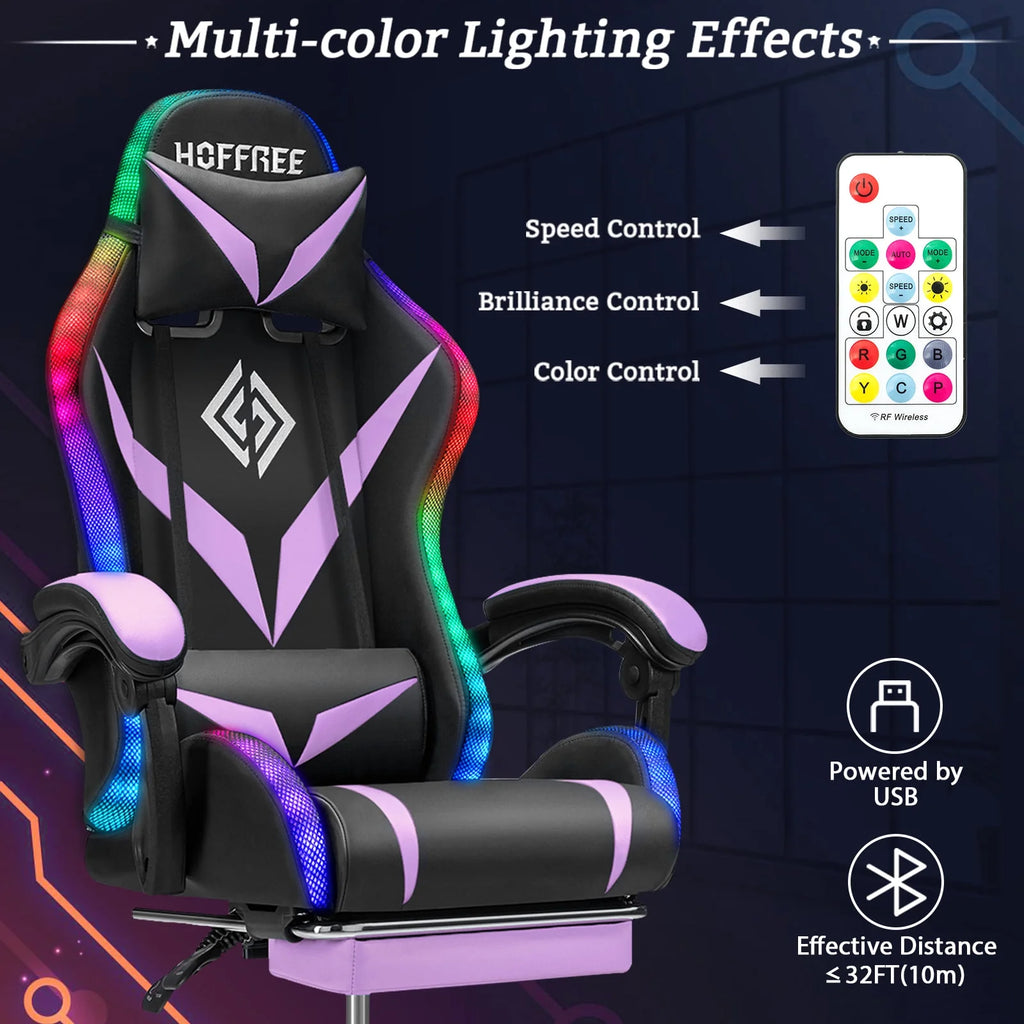 Hoffree Gaming Chair with Speakers PU Leather Office Chair with Footrest and LED Lights Ergonomic Gamer Chair with Massage Lumbar Support and Headrest Adjustable Swivel for Home Office 300lb