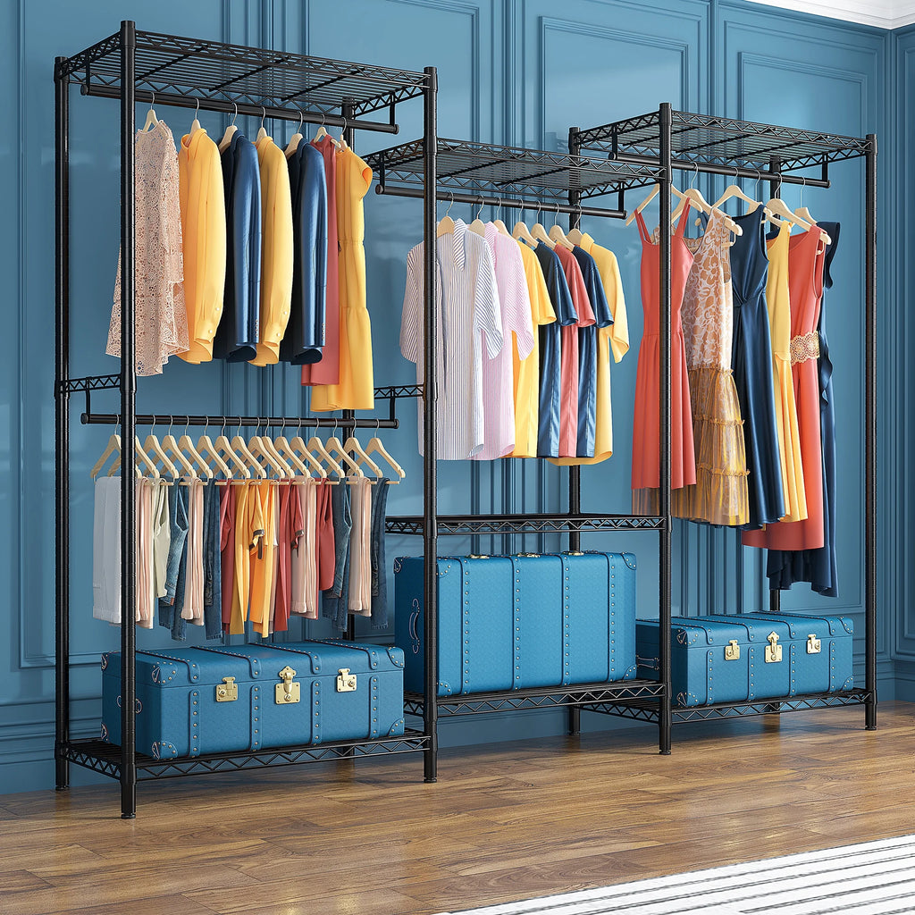 EnHomee 830 LBS Clothes Rack Heavy Duty Garment Rack with 4 Rods & 7 Shelves, Adjustable Metal Closet Organizer 77"H x 69"W x 16"D Black