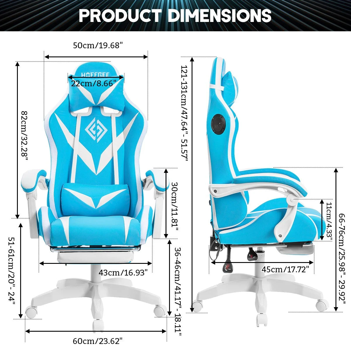 Hoffree Gaming Chair with Speakers PU Leather Office Chair with Footrest and LED Lights Ergonomic Gamer Chair with Massage Lumbar Support and Headrest Adjustable Swivel for Home Office 300lb